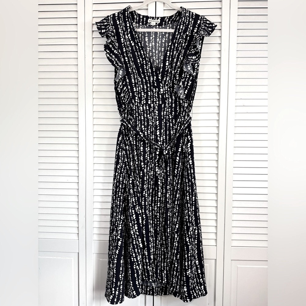 Whistles Savannah Print Wrap Dress Abstract Polka Dots Navy White Costal Size 10 - Picture 3 of 15